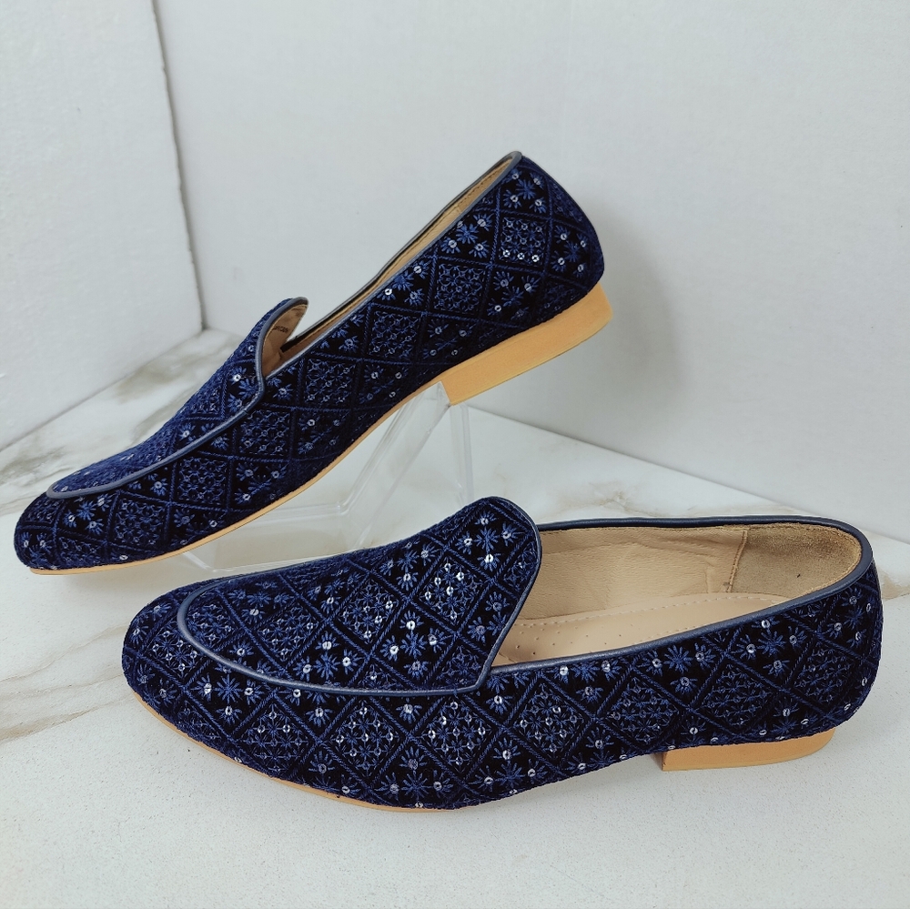NWT Manyavar Men's Blue Embroidered Sequin Jooti Juti Dress Loafers, Sz 9